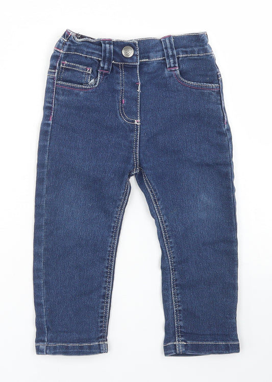 Front view of Young Dimensions girls’ blue cotton cargo jeans, size 18-24, months snap