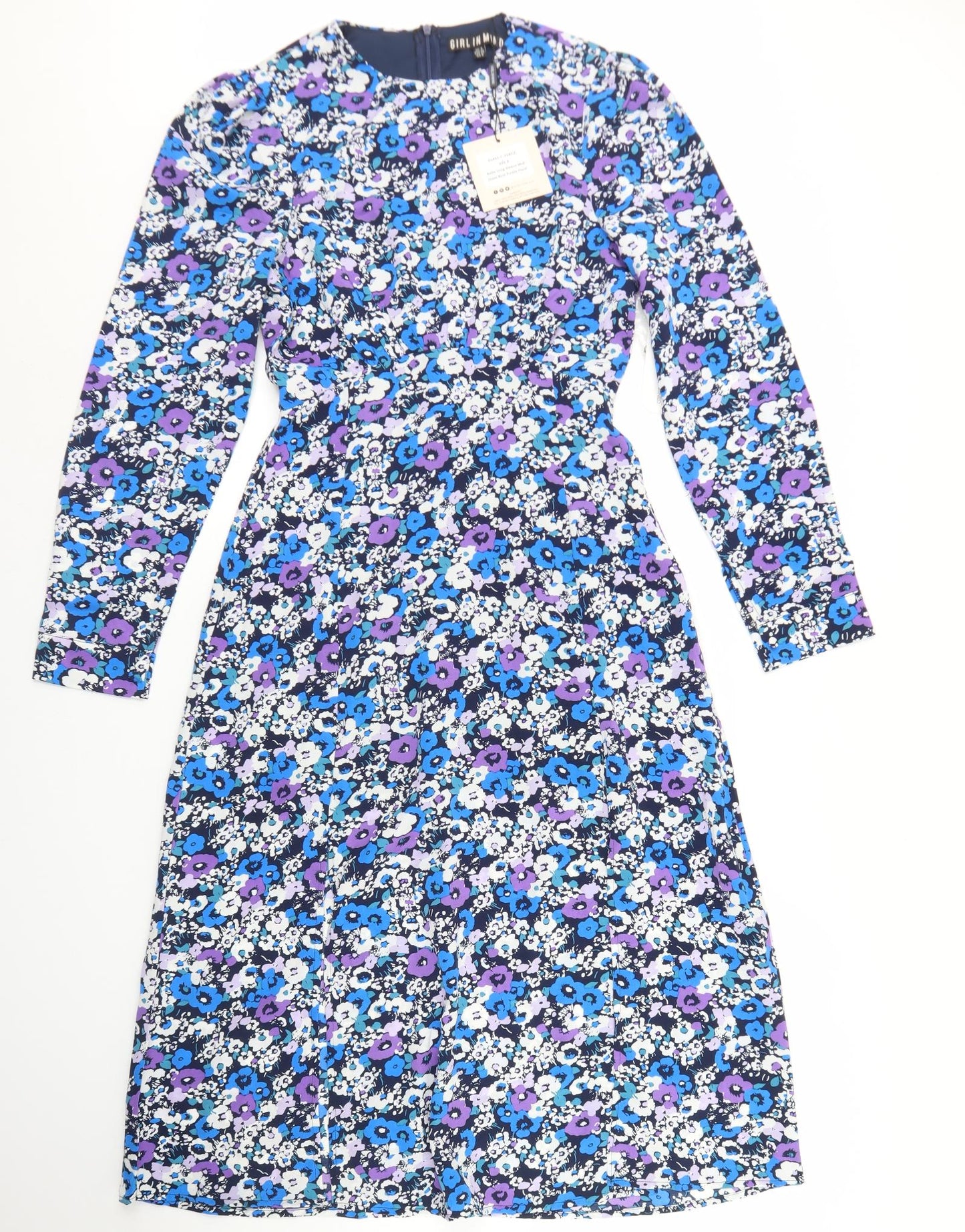 Girl in Mind Womens Blue Floral Polyester Skater Dress  Size 8  Round Neck Zip