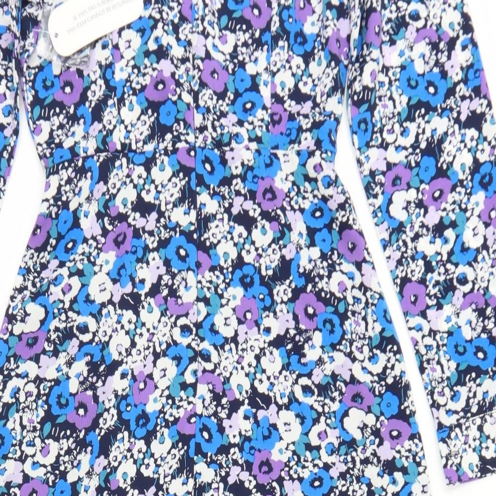 Girl in Mind Womens Blue Floral Polyester Skater Dress  Size 8  Round Neck Zip
