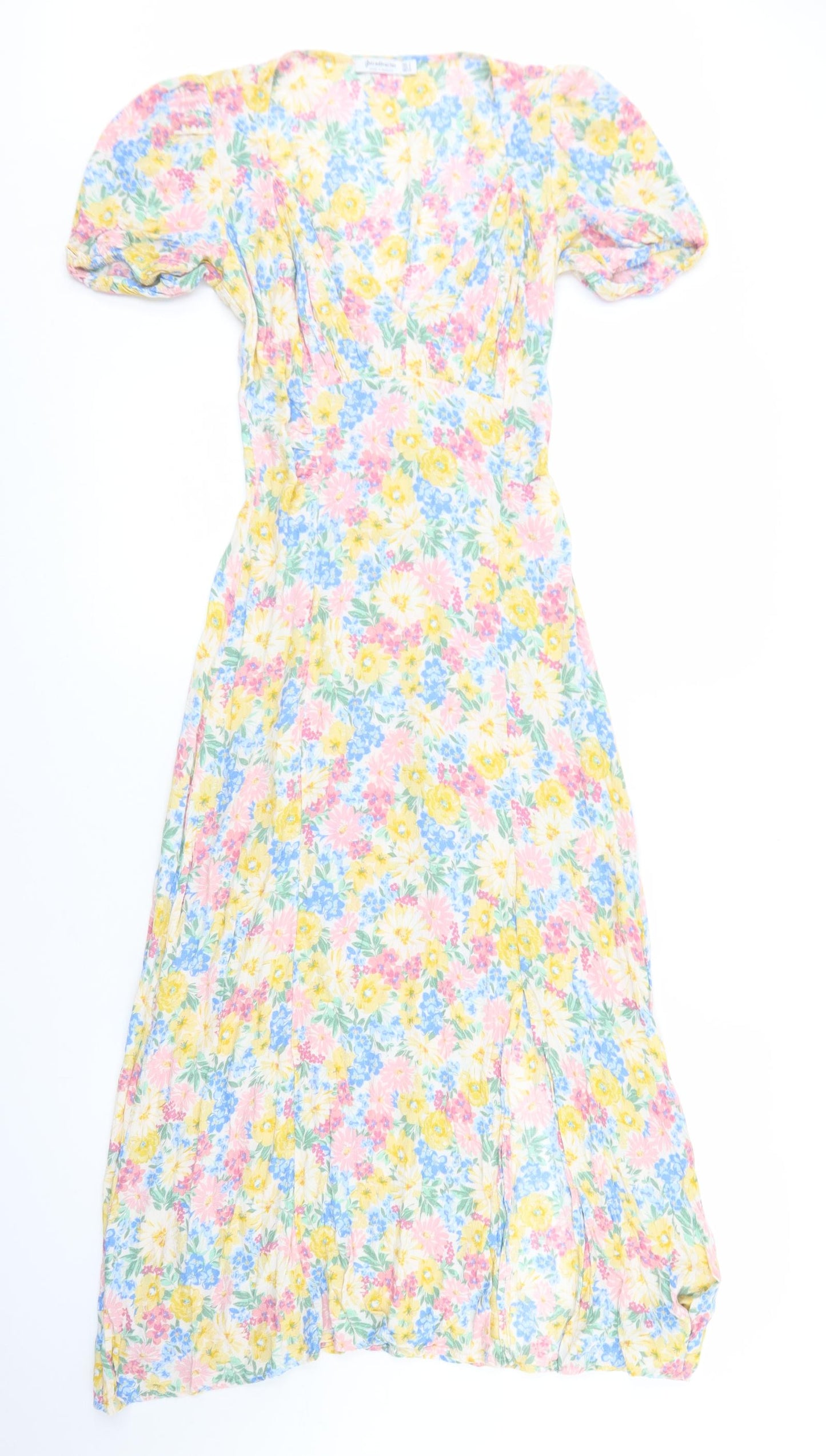 Stradivarius Womens Multicoloured Floral Viscose Fit & Flare  Size S  V-Neck  - Puff Sleeve