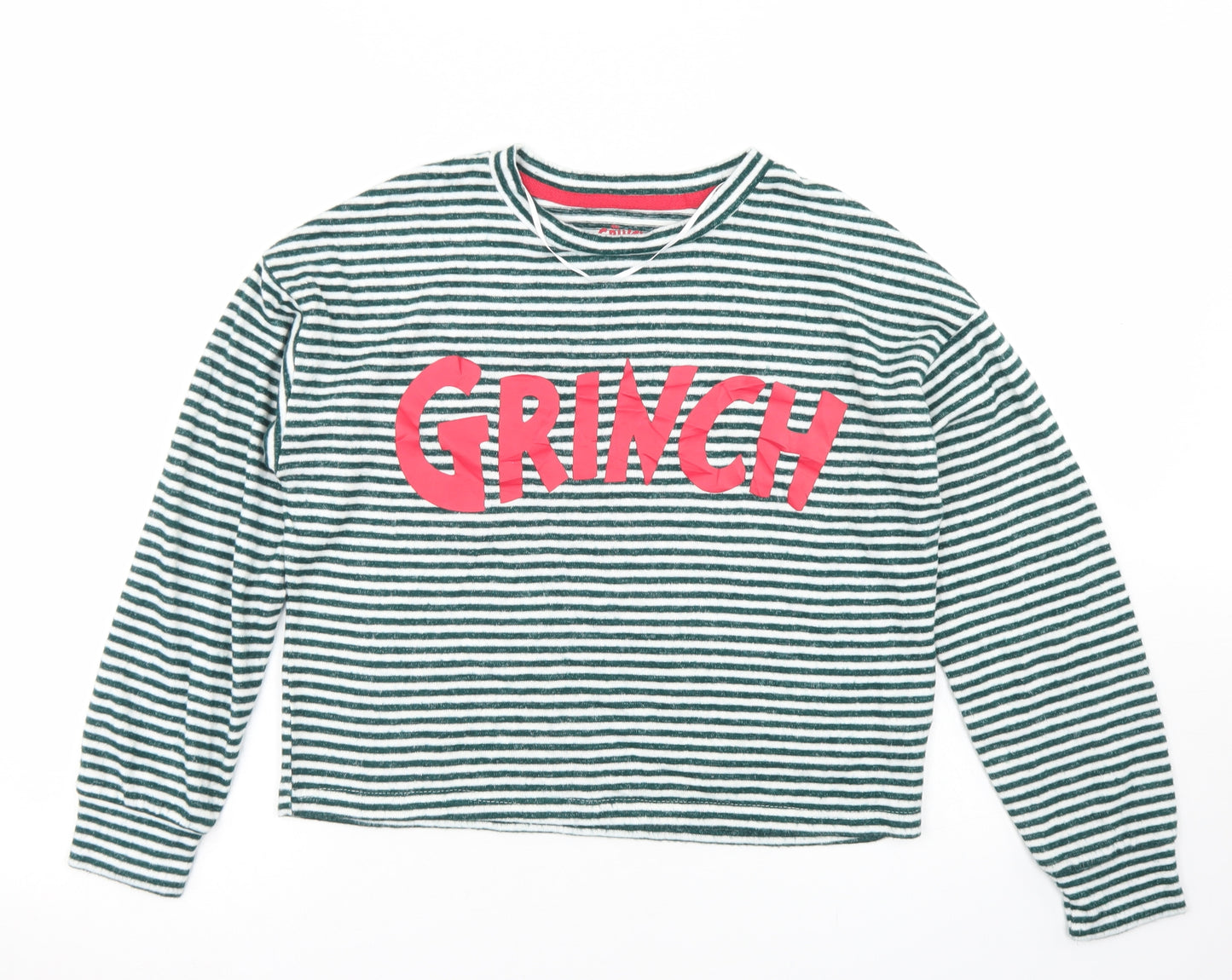Primark Womens Green Striped Viscose Cropped T-Shirt Size XS Crew Neck - The Grinch