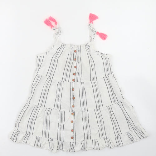 Matalan Girls White Striped Cotton Trapeze & Swing  Size 4 Years  Round Neck