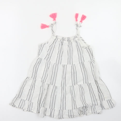 Matalan Girls White Striped Cotton Trapeze & Swing  Size 4 Years  Round Neck