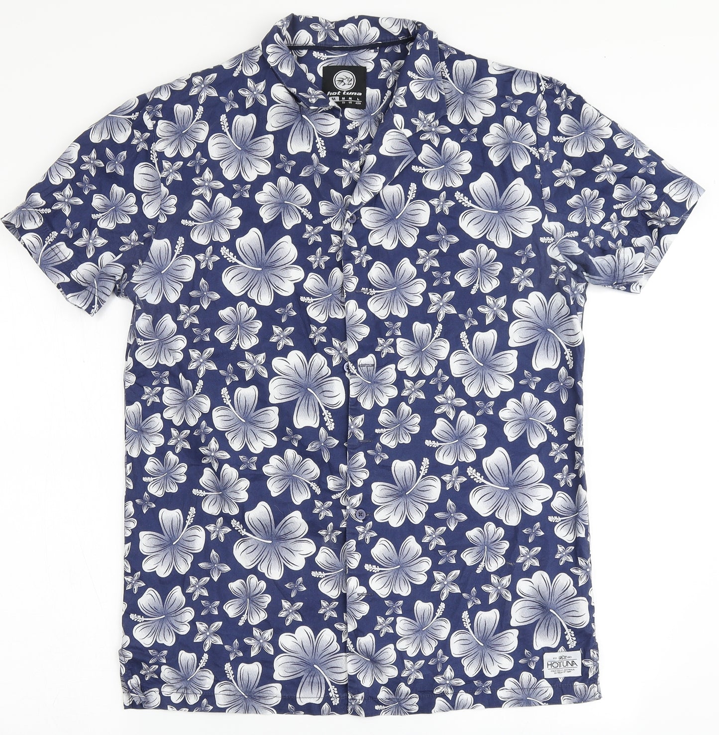 Hot Tuna Mens Blue Floral Cotton  Button-Up Size M Round Neck Button
