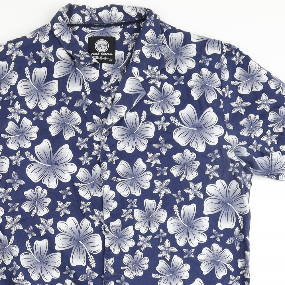 Hot Tuna Mens Blue Floral Cotton  Button-Up Size M Round Neck Button