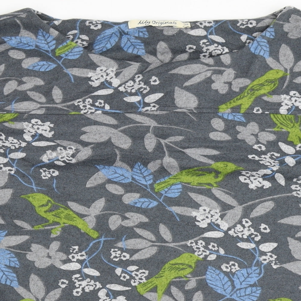 Lily Originals Womens Grey Floral Polyester Basic T-Shirt Size 14 Round Neck