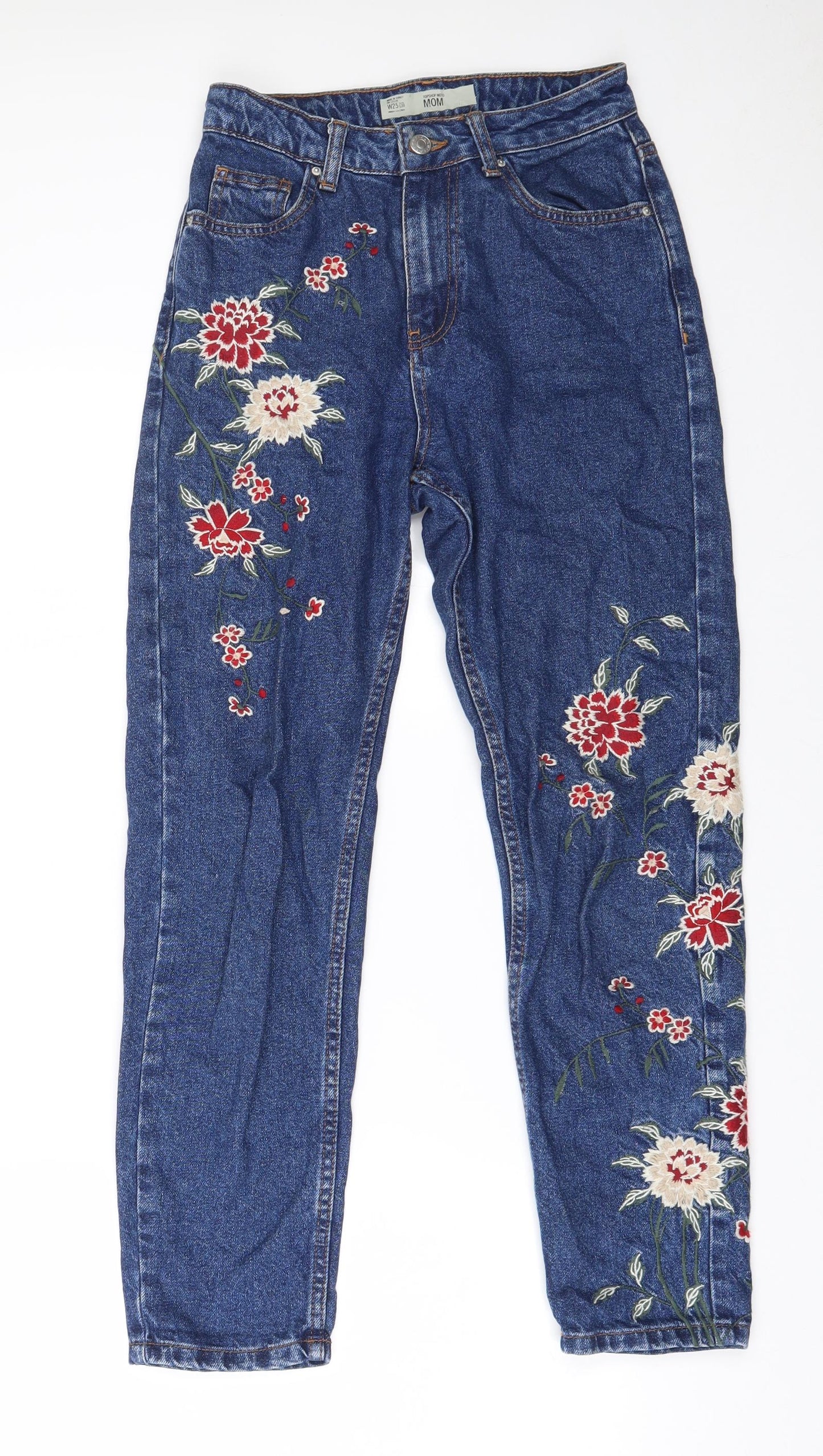 TopShop Moto Womens Blue Floral Cotton Mom Jeans Size 25 in L30 in Regular Zip