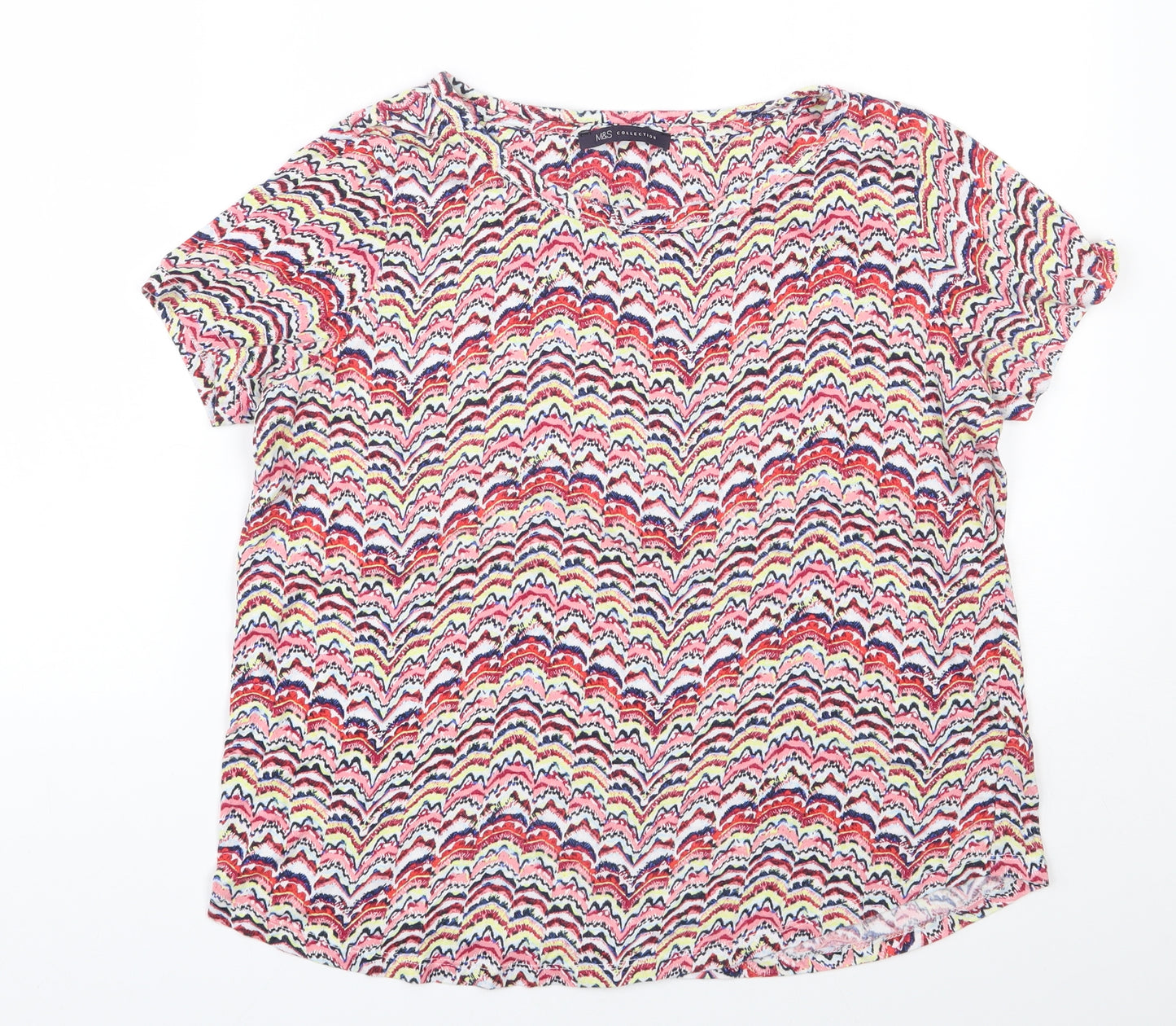 Marks and Spencer Womens Multicoloured Geometric 100% Cotton Basic T-Shirt Size 10 Round Neck