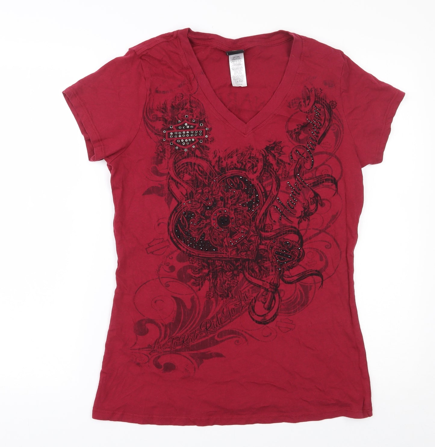 Motor Styles  Womens Red  100% Cotton Basic T-Shirt Size L V-Neck - Harley Davidson