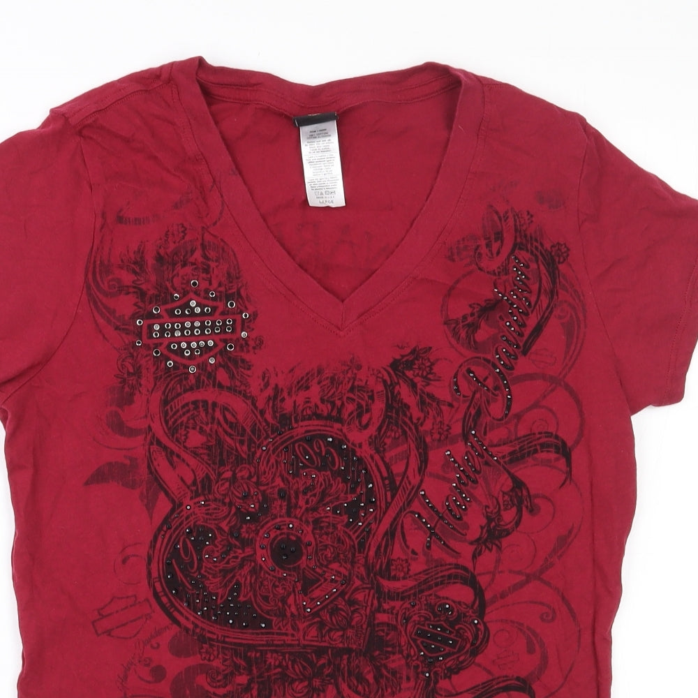Motor Styles  Womens Red  100% Cotton Basic T-Shirt Size L V-Neck - Harley Davidson