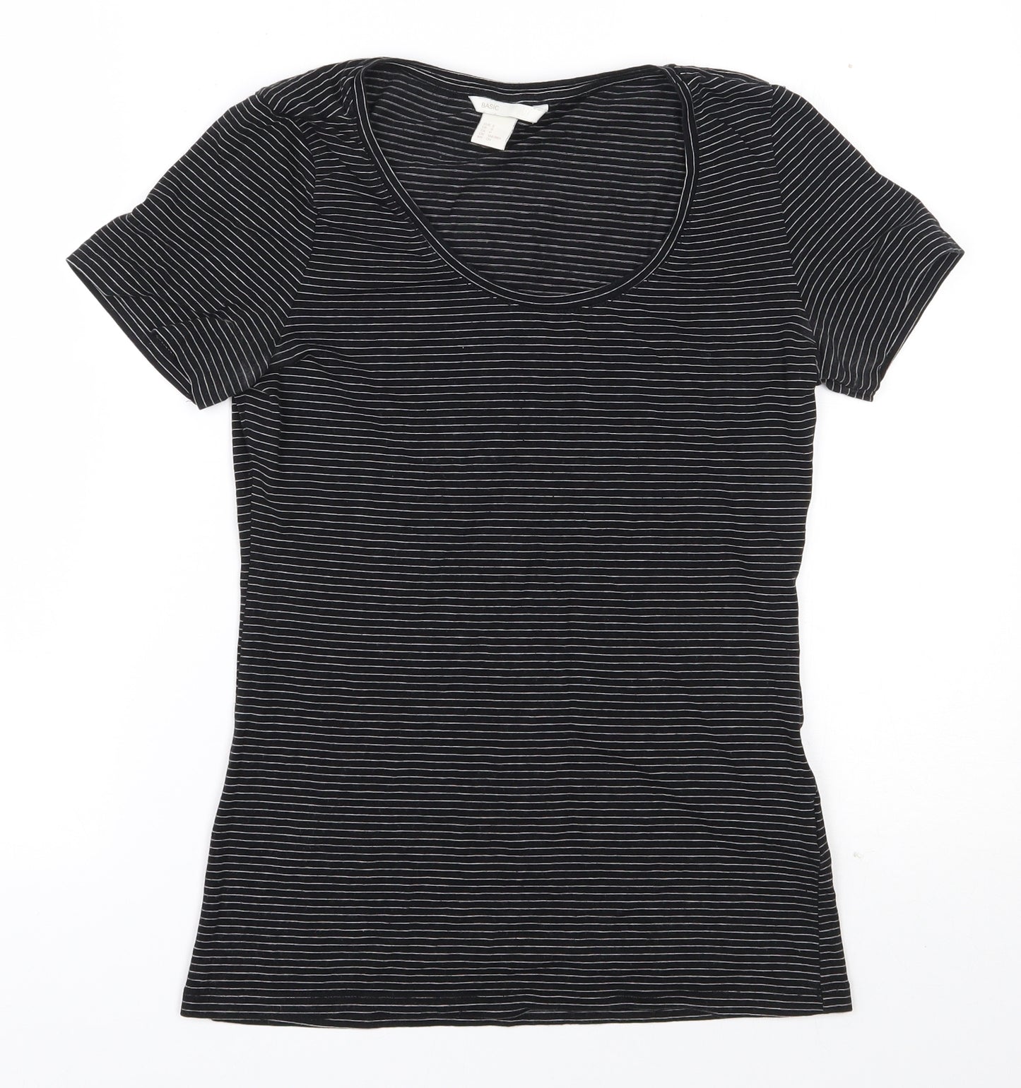 H&M Womens Black Striped Cotton Basic T-Shirt Size S Scoop Neck