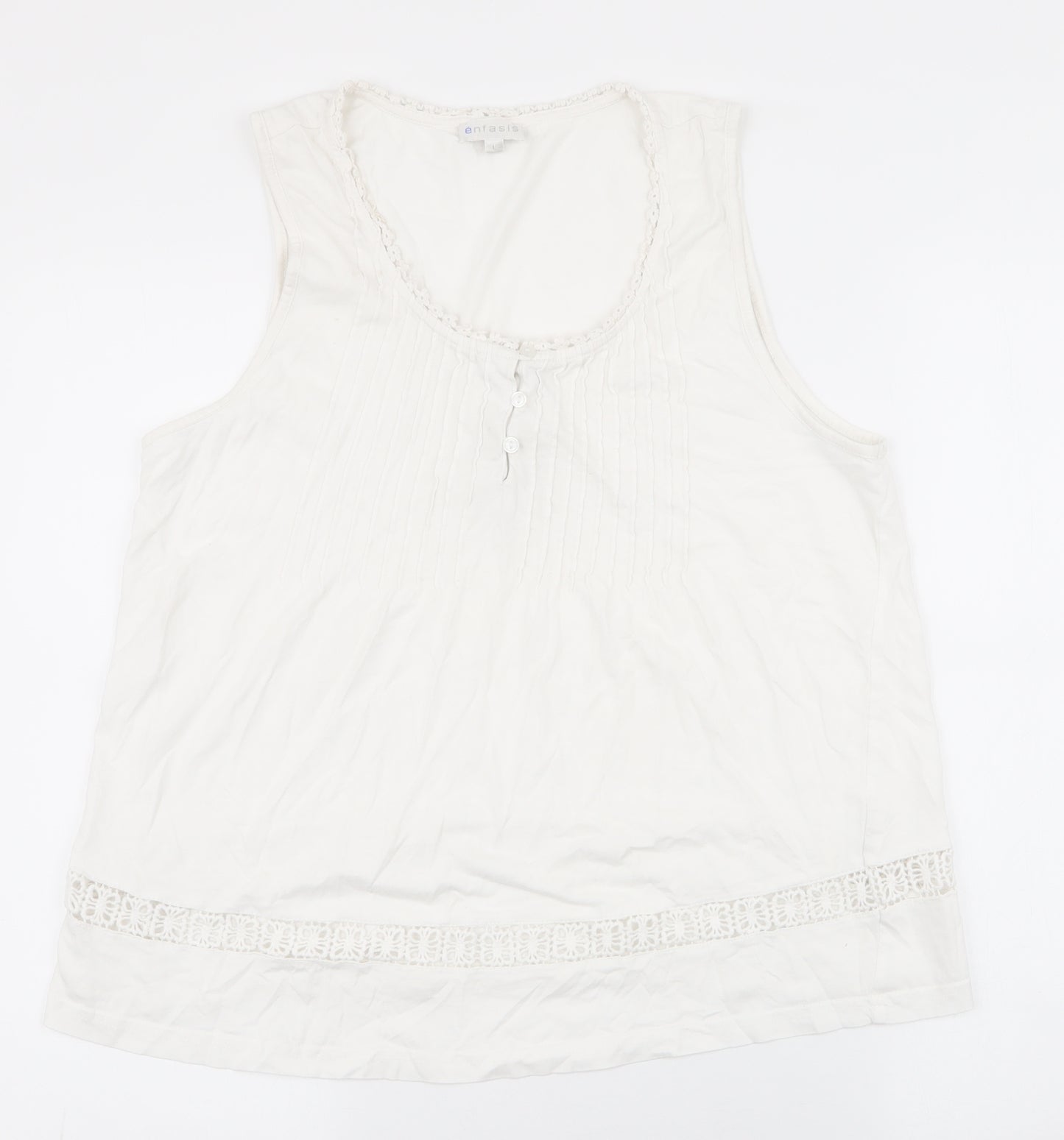 enfasis Womens White Striped Polyester Basic Tank Size L Round Neck