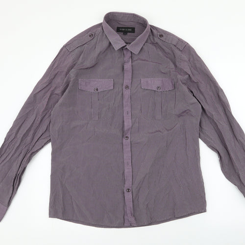 River Island Mens Purple Striped Cotton  Button-Up Size L Collared Button