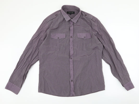 Front view of River Island men’s purple striped cotton button-up, size L, collared button