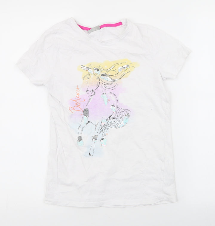 Matalan Girls White Animal Print 100% Cotton Jersey T-Shirt Size 12 Years Round Neck Pullover - unicorn