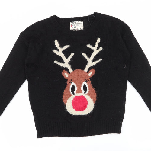 New Look Womens Black Round Neck  Acrylic Pullover Jumper Size 8   - raindeer