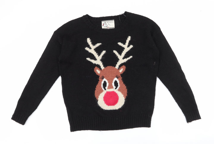 New Look Womens Black Round Neck Acrylic Pullover Jumper Size 8 - raindeer