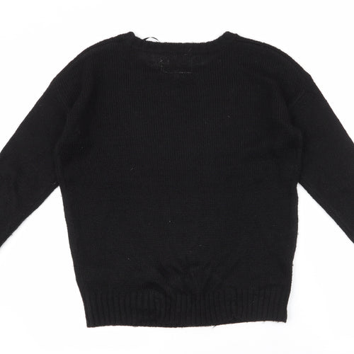 New Look Womens Black Round Neck  Acrylic Pullover Jumper Size 8   - raindeer