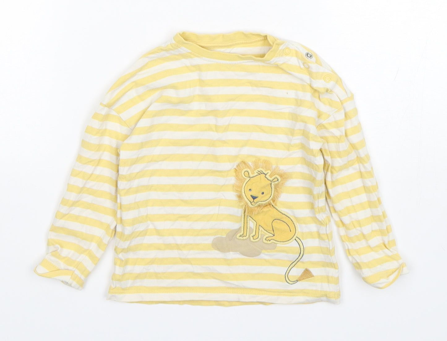 Marks and Spencer Baby Yellow Striped Cotton Basic T-Shirt Size 18-24 Months Round Neck Pullover - Lion