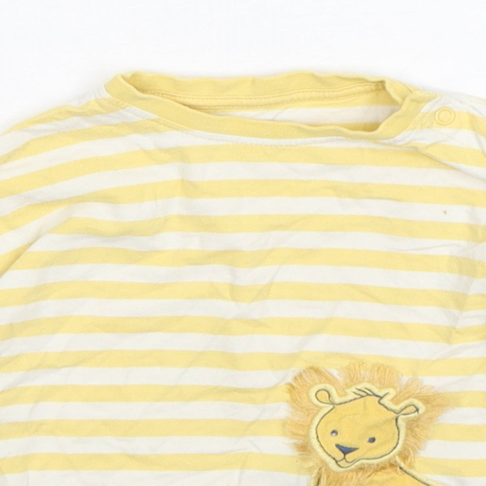 Marks and Spencer Baby Yellow Striped Cotton Basic T-Shirt Size 18-24 Months Round Neck Pullover - Lion