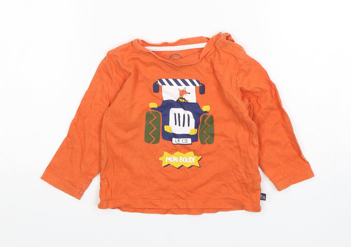 La Compagnie des Petits Boys Orange  Cotton Basic T-Shirt Size 2 Years Round Neck Pullover - Tractor