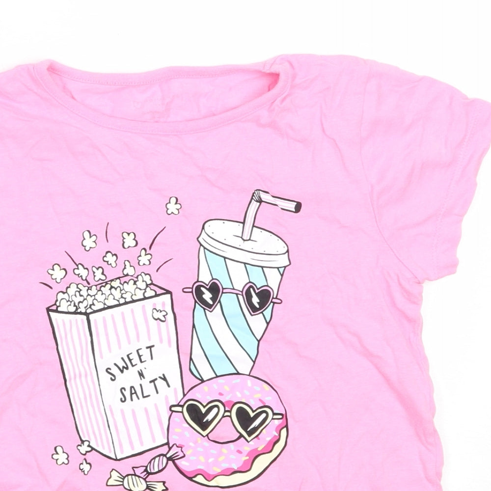 Primark Girls Pink  Cotton Basic T-Shirt Size 9-10 Years Round Neck  - popcorn