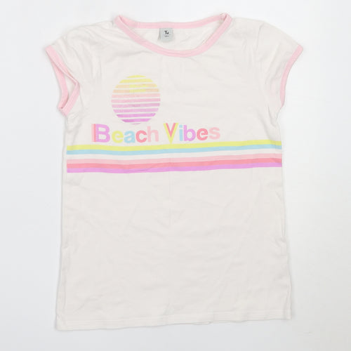TU Girls White  Cotton Basic T-Shirt Size 9 Years Round Neck  - beach