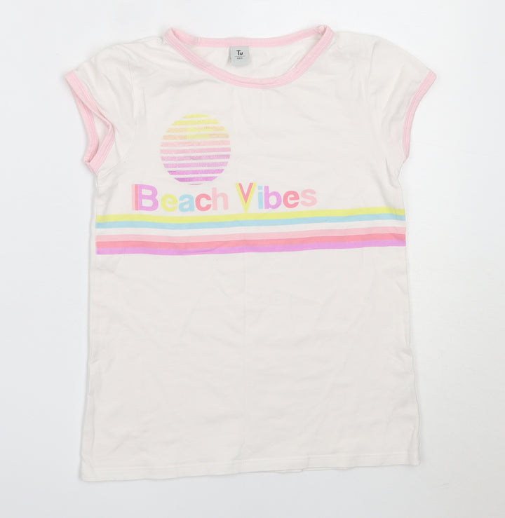 TU Girls White Cotton Basic T-Shirt Size 9 Years Round Neck - beach