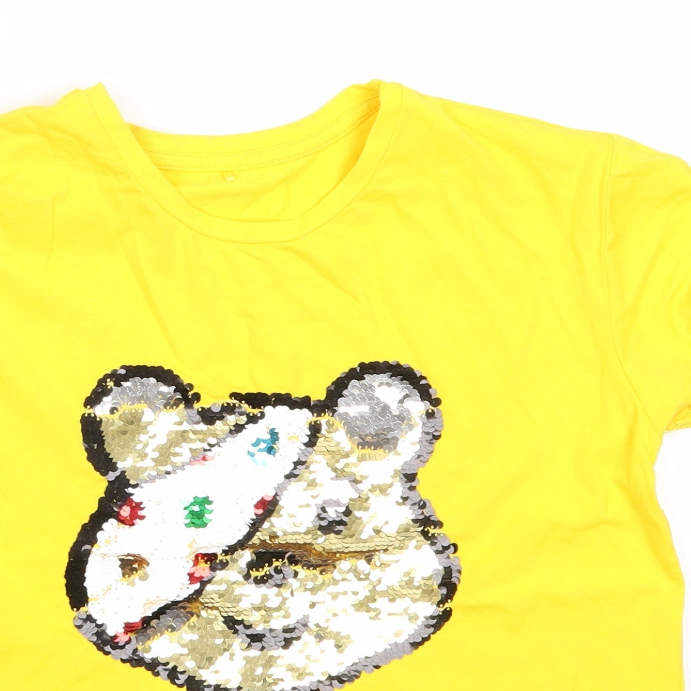 George Girls Yellow  Cotton Basic T-Shirt Size 9-10 Years Round Neck  - Pudsey Bear Children in Need
