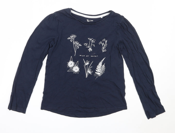TU Girls Blue Cotton Basic T-Shirt Size 9 Years Round Neck