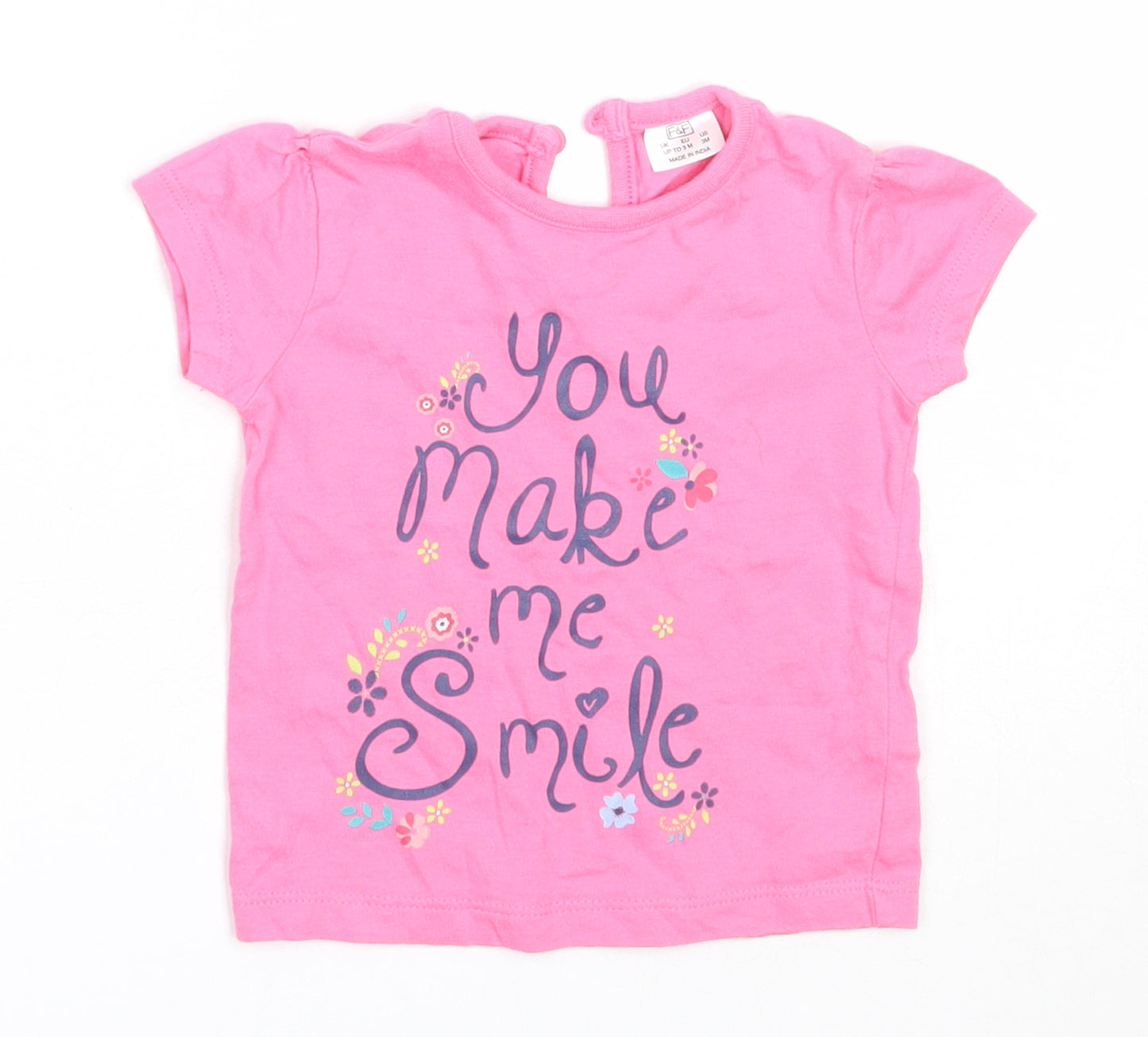 F&F Girls Pink  Cotton Basic T-Shirt Size 0-3 Months Round Neck
