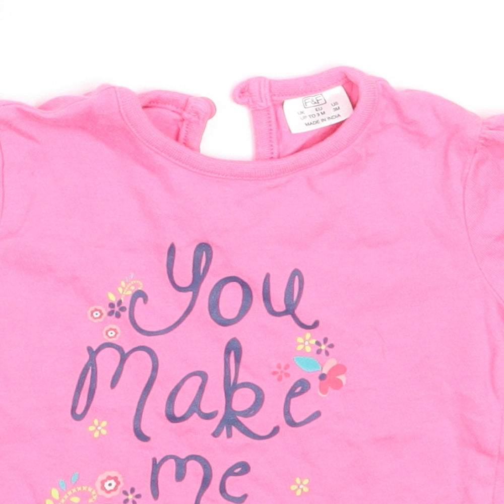 F&F Girls Pink  Cotton Basic T-Shirt Size 0-3 Months Round Neck