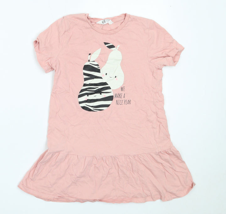 H&M Girls Pink Cotton Basic T-Shirt Size 7-8 Years Round Neck - pear