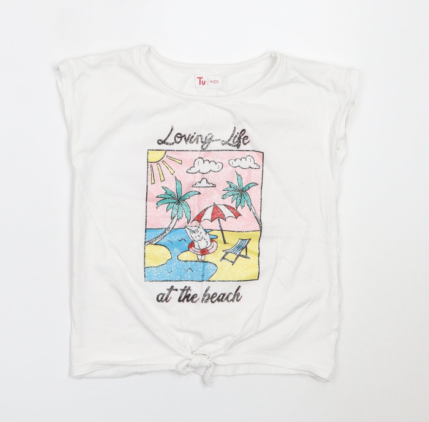 TU Girls White  Cotton Basic T-Shirt Size 9 Years Round Neck  - beach