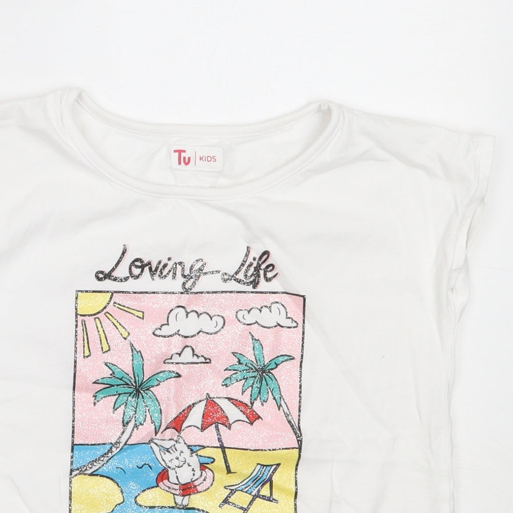 TU Girls White  Cotton Basic T-Shirt Size 9 Years Round Neck  - beach