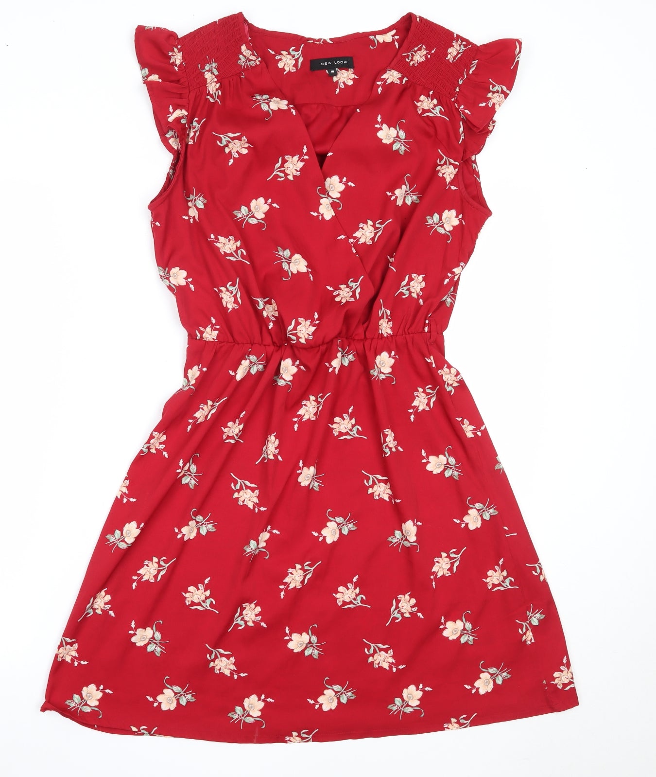 New Look Womens Red Floral Polyester Fit & Flare  Size 10  V-Neck