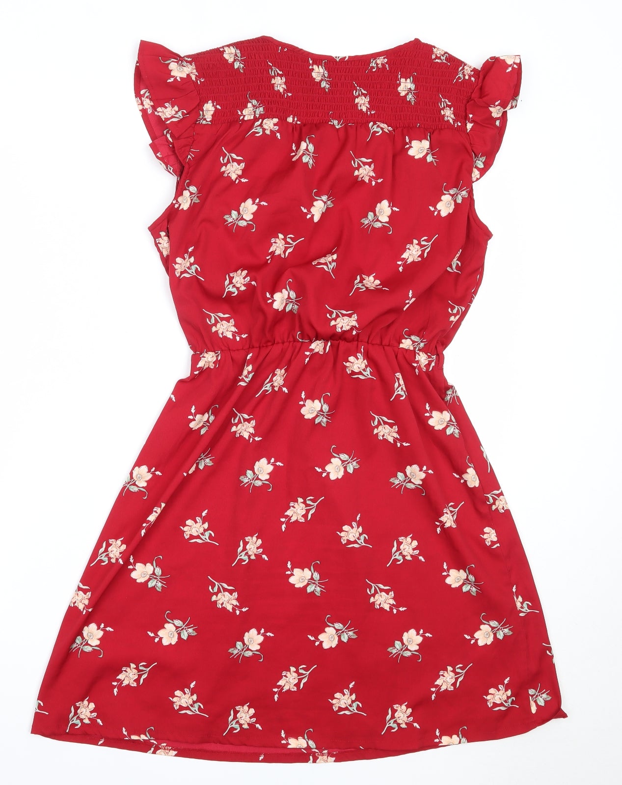 New Look Womens Red Floral Polyester Fit & Flare  Size 10  V-Neck