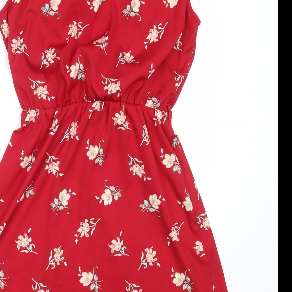 New Look Womens Red Floral Polyester Fit & Flare  Size 10  V-Neck