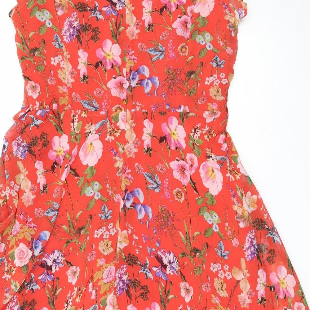 Wallis Womens Red Floral Polyester Fit & Flare  Size 14  Round Neck Zip