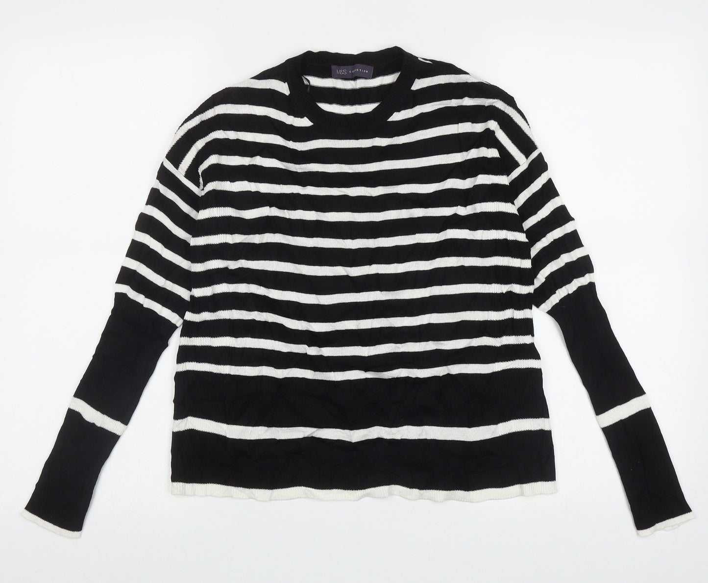 Marks and Spencer Womens Black Crew Neck Striped Acrylic Pullover Jumper Size 10