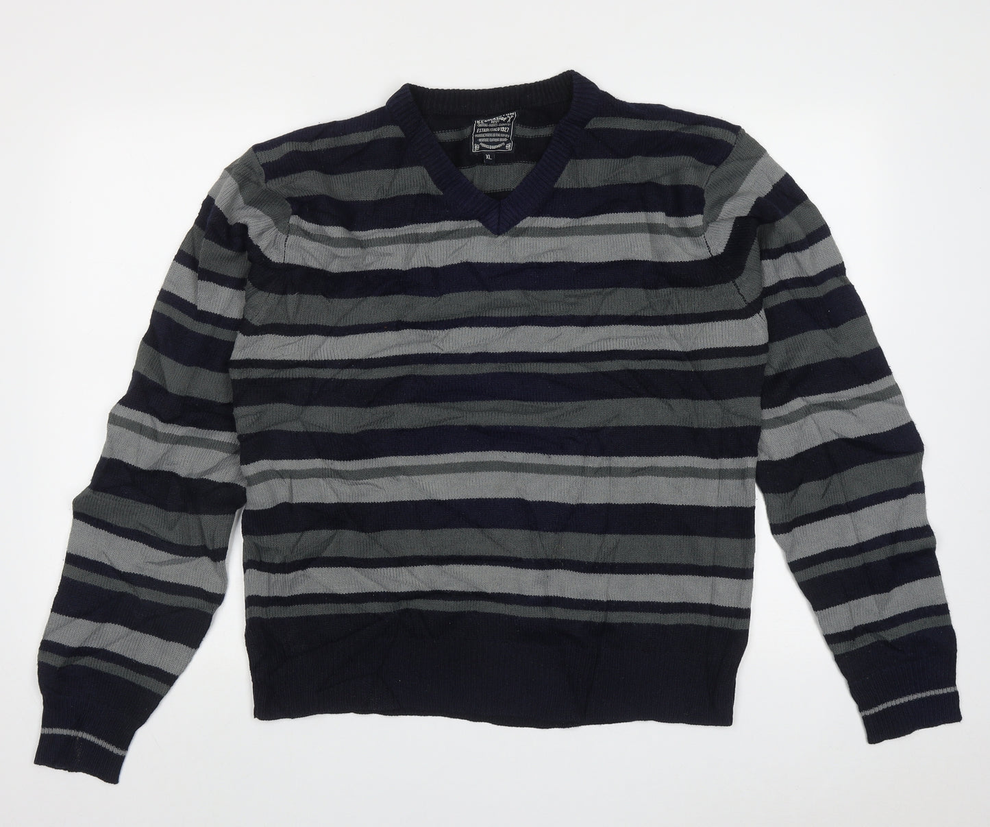 Kensington Mens Blue V-Neck Striped Acrylic Pullover Jumper Size XL