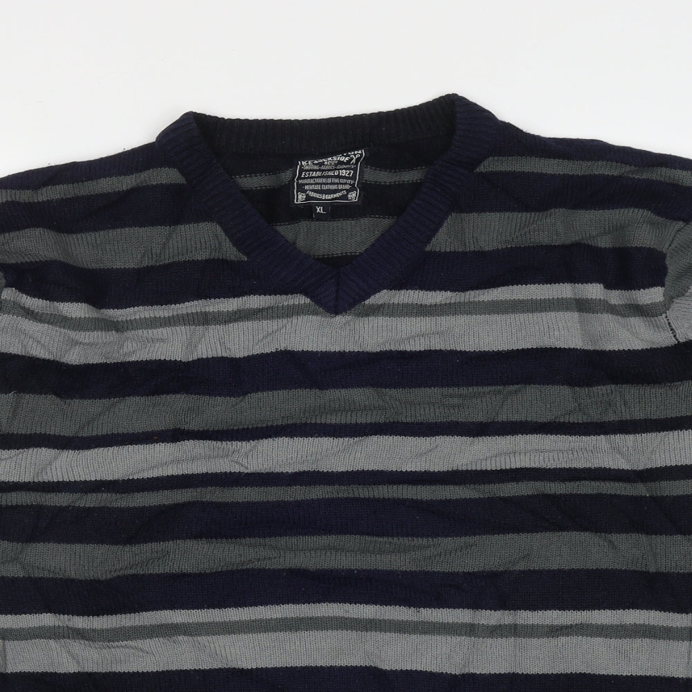 Kensington Mens Blue V-Neck Striped Acrylic Pullover Jumper Size XL
