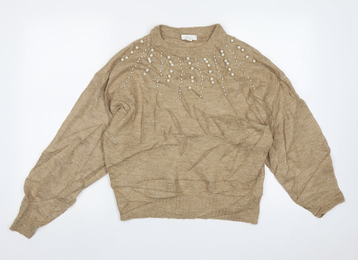 H&M Womens Brown Crew Neck Fair Isle Acrylic Pullover Jumper Size S
