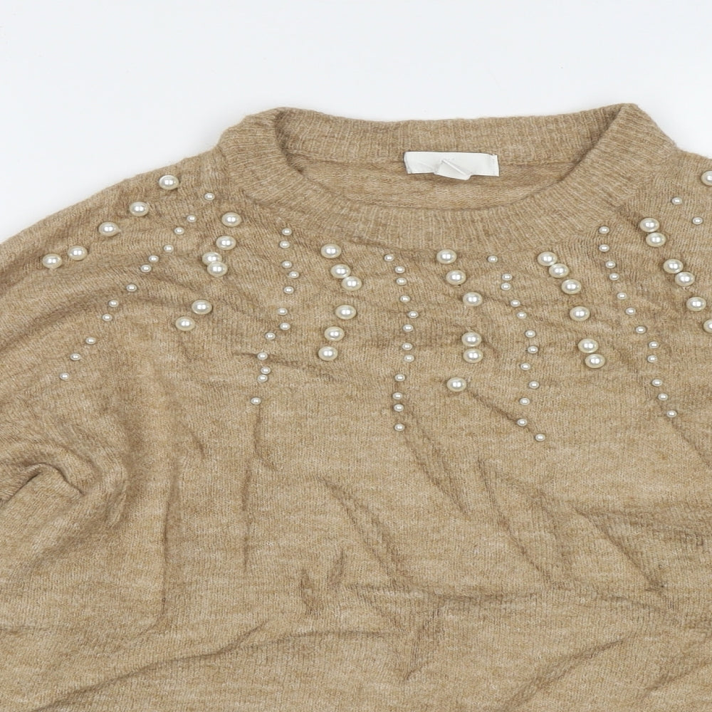 H&M Womens Brown Crew Neck Fair Isle Acrylic Pullover Jumper Size S