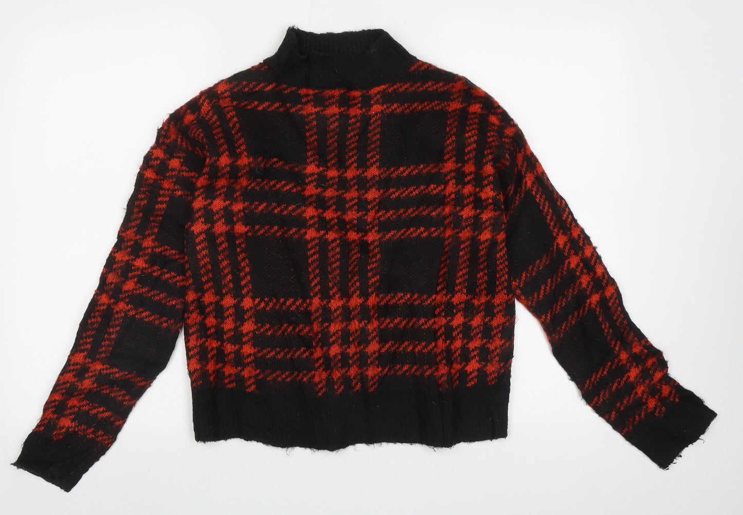Bershka Womens Red High Neck Check Acrylic Pullover Jumper Size XS