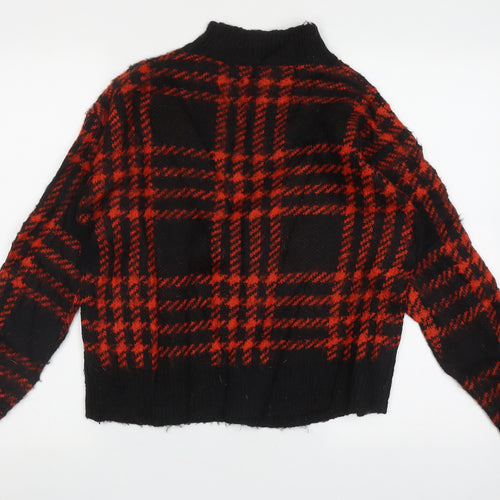 Bershka Womens Red High Neck Check Acrylic Pullover Jumper Size XS