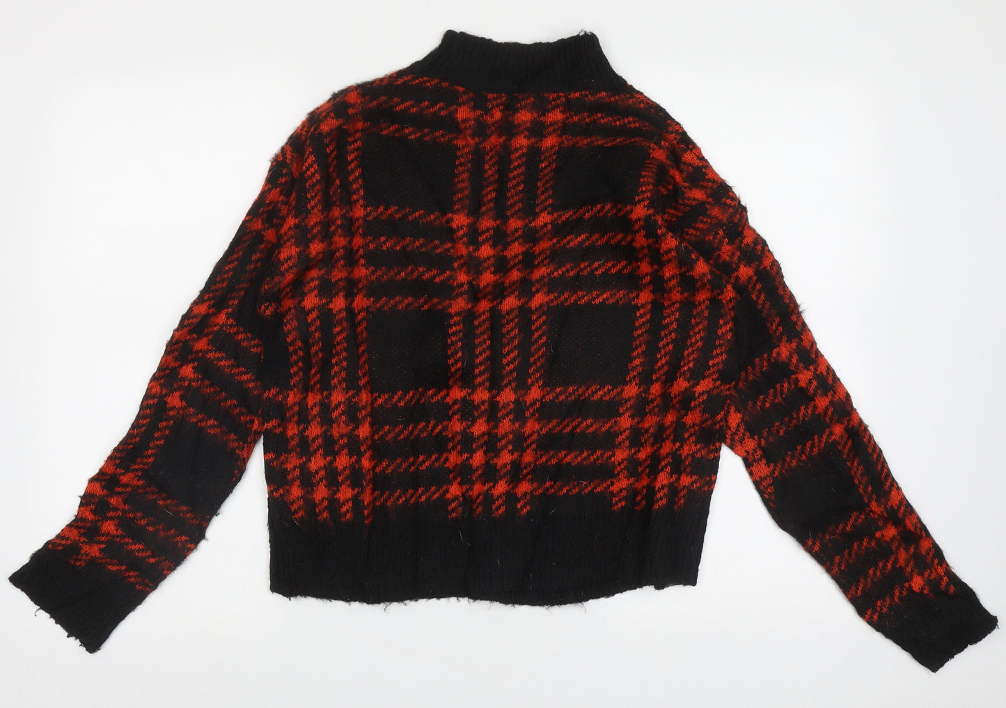 Bershka Womens Red High Neck Check Acrylic Pullover Jumper Size XS