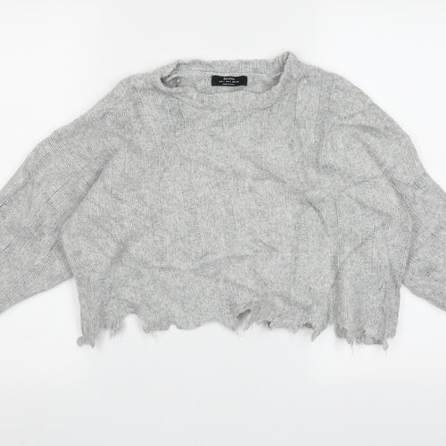 Bershka Womens Grey Crew Neck Striped Acrylic Pullover Jumper Size S
