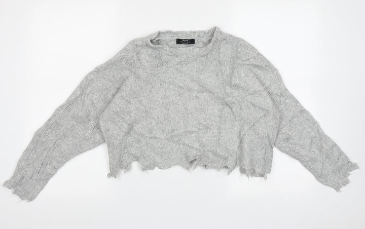 Bershka Womens Grey Crew Neck Striped Acrylic Pullover Jumper Size S