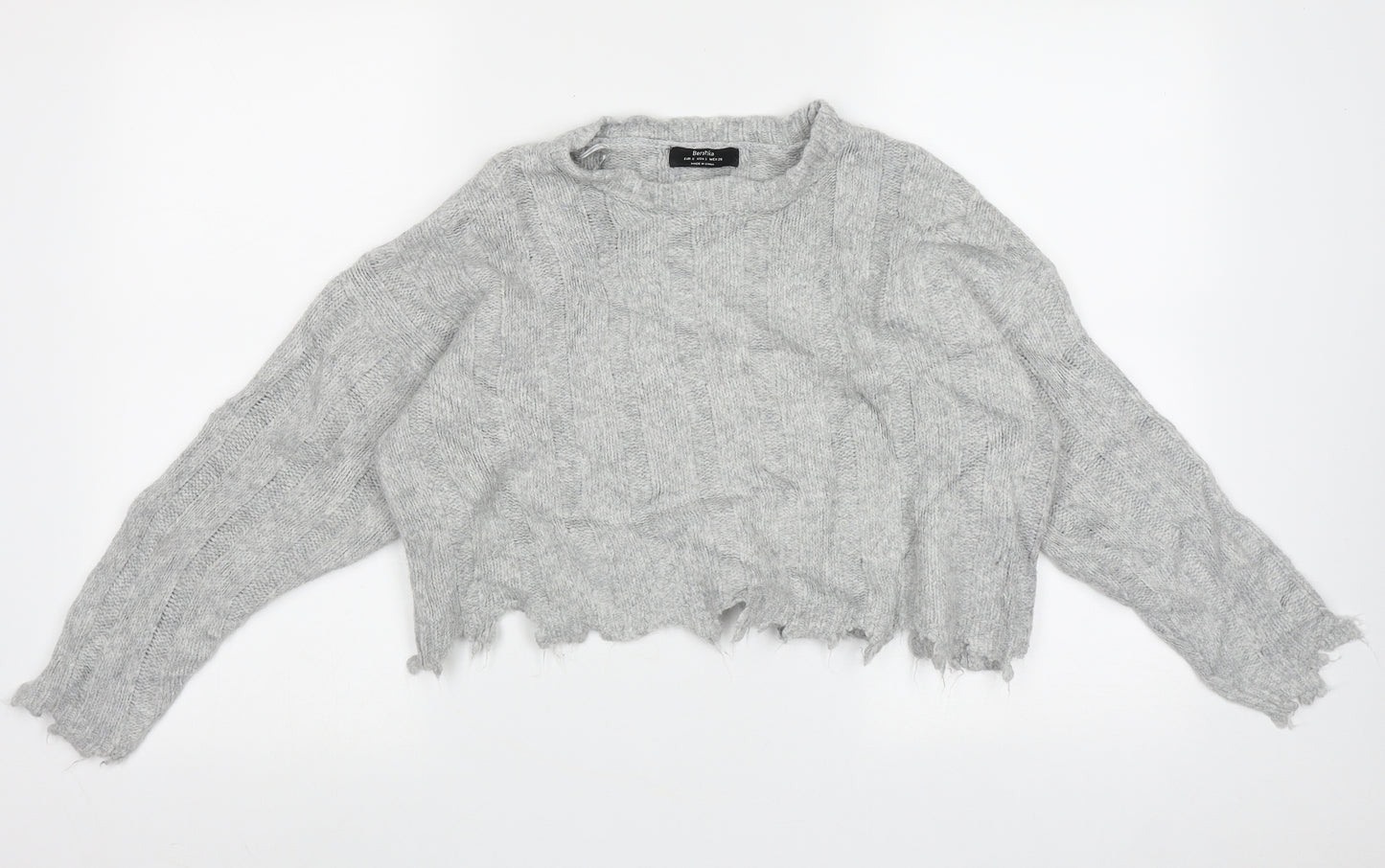 Bershka Womens Grey Crew Neck Striped Acrylic Pullover Jumper Size S